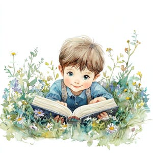 Happy Little Boy-clipart, jongen met boekkunst, Floral Meadow JPG, 20 foto's voor kaarten en uitnodigingen, Scrapbookingset, Instant Download