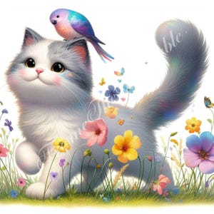 Chat floral avec oiseau JPG, téléchargement numérique de chaton mignon, animal de compagnie drôle à la maison, animal pour le journal, bundle aquarelle art fantastique scrapbooking en vrac