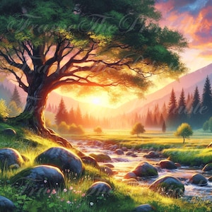 Imágenes prediseñadas de río y árboles al atardecer, arte mural estético con globo aerostático, decoración del hogar, acuarela de alta resolución, descarga digital, vista de la naturaleza