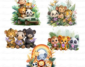 Clipart de Animais da Selva Safari | Animais Bebês Fofos em Aquarela PNG | Arte de Parede para Quarto de Bebê com Tema Selva, Chá de Bebê Safari, Pacote para Sublimação 300 DPI