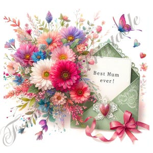 Muttertagsumschlag mit Blumen, Geschenkkarte Beste Mutter aller Zeiten, Floral Shabby Chic Clipart, digitaler Download, Blumenstrauß, hochauflösende JPG