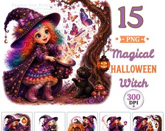 Halloween Witch Clipart, Cute Witch Girl PNG, Magical Storybook Art, 22 PNG Bundle
