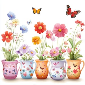 12 grillige potten met bloemen illustraties, aquarel rij bloemen, hoge resolutie digitale download, commerciële licentie, junkjournaling, plakboek