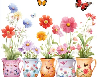 12 Whimsical Pots of Flowers Clip Art ,Watercolour Row of Flowers, High Res Digital Download, Commercial Licence, Junk Journaling, Scrapbook