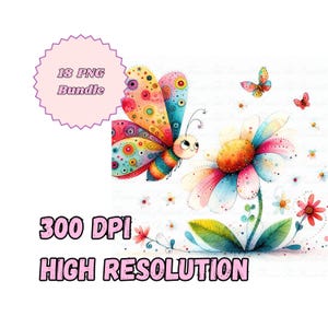Clipart papillon PNG avec des fleurs, art fantaisiste de chambre d'enfant, autocollants numériques aquarelle pour le scrapbooking et la journalisation