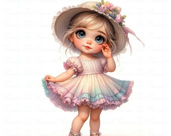 Cute Girl Clipart Bundle, Pastel Dress Girl PNG, Baby Girl with Hat Illustration, Boho Toddler Sublimation, Nursery Art Graphics, Commercial