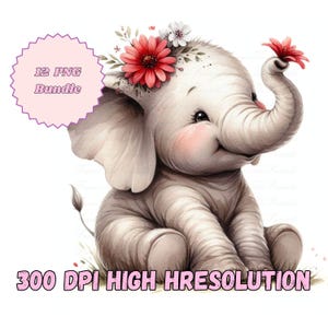 Clipart éléphant PNG avec fleur, art aquarelle animaux Safari, clipart bébé jungle pour scrapbooking et journalisation