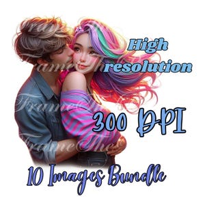 Romantic Couple Hugging Clipart, 10 JPG Images, Young Lovers Embracing Illustration, Digital Download for Valentine's Day,Commercial Use Set