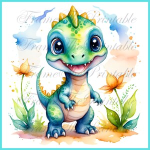 Cute Baby Dinosaurier Multicolor Blumen JPGs Clipart 10 Bilder süße Dino druckbare Downloads Bilder Kinderzimmer Wanddekoration Kunst
