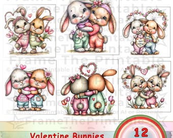 Clipart de conejitos de San Valentín: Conejito adorable con corazones, flores y amor (12 PNG), descarga digital para tarjetas, álbumes de recortes y manualidades.