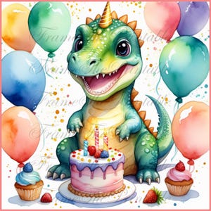 Niedliche Baby Dinosaurier Clipart, Geburtstagskuchen und Luftballons, Geburtstagsfeier, glücklicher Dinosaurier, süßer Dino 12 JPG, printable Download Bilder