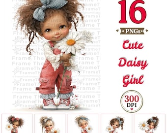 16 Cute Daisy Girl Clipart PNG, Whimsical Watercolor Floral Girl Bundle, Daisy Clipart, Sublimation, Commercial Use