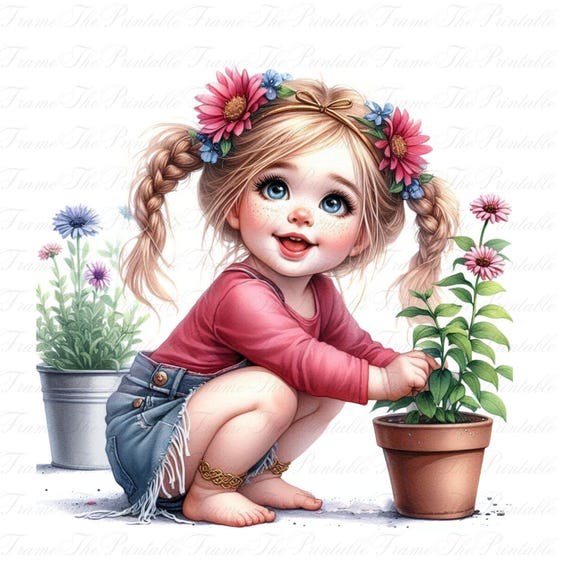 Watercolour Gardening Girls Clipart, 25 PNG Spring Flower Child Illustrations, Cute Kids Planting Art, Floral Garden Sublimation 300 DPI Set