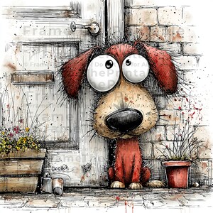 May include: Whimsical watercolor illustration of a dog with large eyes, leaning against a white door and brick wall. The dog is brown and red, with a large black nose. A flower box and potted plant are on either side.