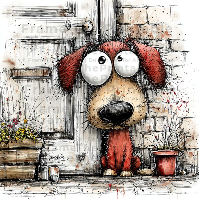 May include: Whimsical watercolor illustration of a dog with large eyes, leaning against a white door and brick wall. The dog is brown and red, with a large black nose. A flower box and potted plant are on either side.