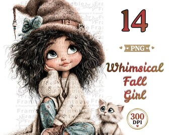 Whimsical Fall Girl Clipart: 14 Cute Girl & Cat PNGs, Boho Autumn Illustrations