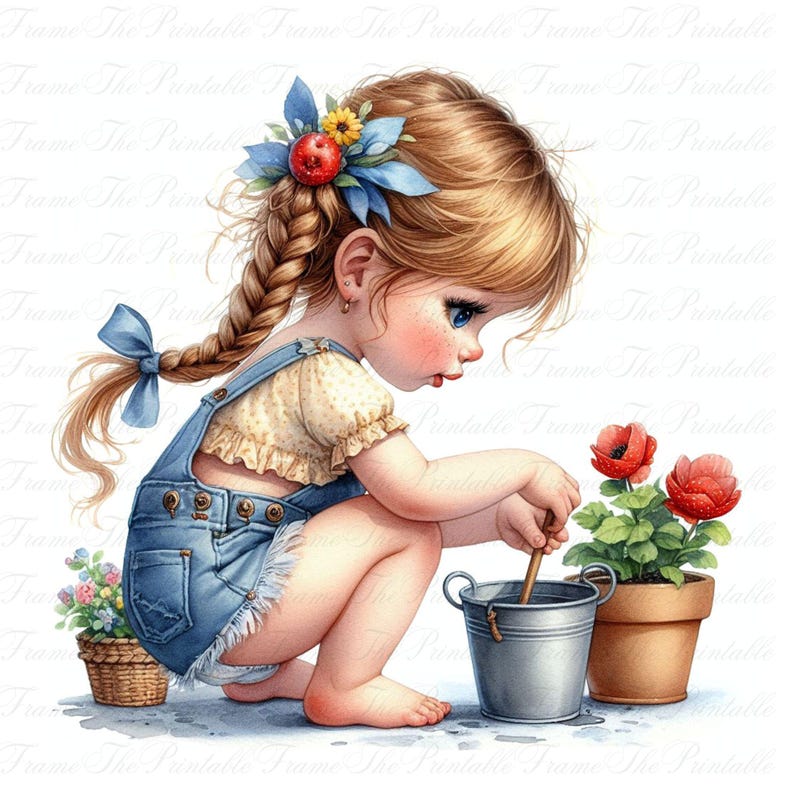 May include: Watercolor illustration of a young child with blonde hair in braids, wearing denim overalls, tending to a small bucket and potted red flowers. A blue bow and floral hair accessory adorn the child's hair. A basket of flowers is also present.