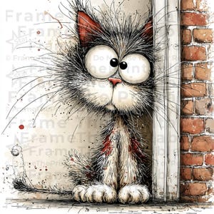 May include: A cartoon-style image of a cat with large eyes, peeking from behind a door. The cat has a fluffy, grey and white coat, with red accents on its ears. The background features a brick wall and a white door frame.