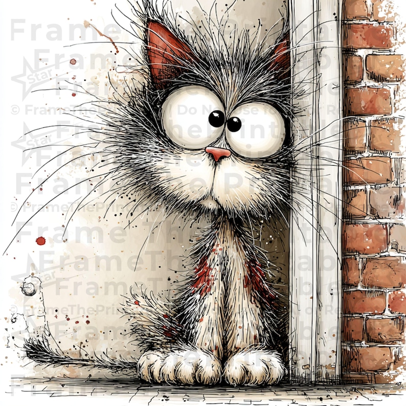 May include: A cartoon-style image of a cat with large eyes, peeking from behind a door. The cat has a fluffy, grey and white coat, with red accents on its ears. The background features a brick wall and a white door frame.