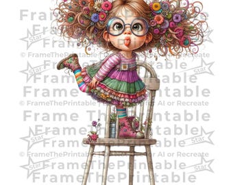 Quirky Girl Clipart with Chair, Cute Mischievous Cartoon Girls 12 PNG, Whimsical Fantasy Artwork for Scrapbooking, Journals, Crafts