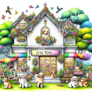 10 Dog Toys Shop Vintage Style Clipart, Animals Toys Store Illustration, Cute Animals Toys Sale, Floral Animals Houses, Digital Art 300dpi