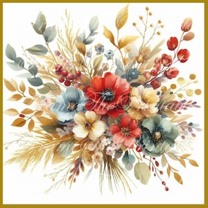 Aquarell Goldene Blumen Hochzeit Clipart Kommerzielle Nutzung Floral Herbst Wilde Blumen JPG PNG Border Hochzeit Einladungskarten bunten Design
