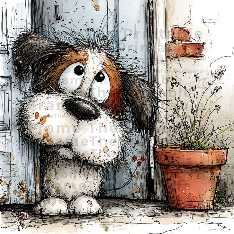 May include: A whimsical watercolor illustration of a dog with large, expressive eyes. The dog has brown and white fur and appears to be peeking out from behind a blue door. A terracotta pot with a plant is to the right.