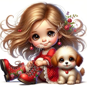 Mädchen in Rot mit Welpen Clipart Wunderlich niedlichen Mädchen mit Hund Bundle Aquarell Tier Kunst Fantasy Junk Journal Scrapbook Kartenherstellung Digital