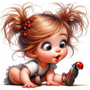 Baby Mädchen Clipart, Marienkäfer PNG, Rothaarige Kleinkind, süße Baby Bilder, 300 DPI, Kinderzimmer Dekor, Mädchen Bundle, Sublimationsdesign, wunderliche PNG
