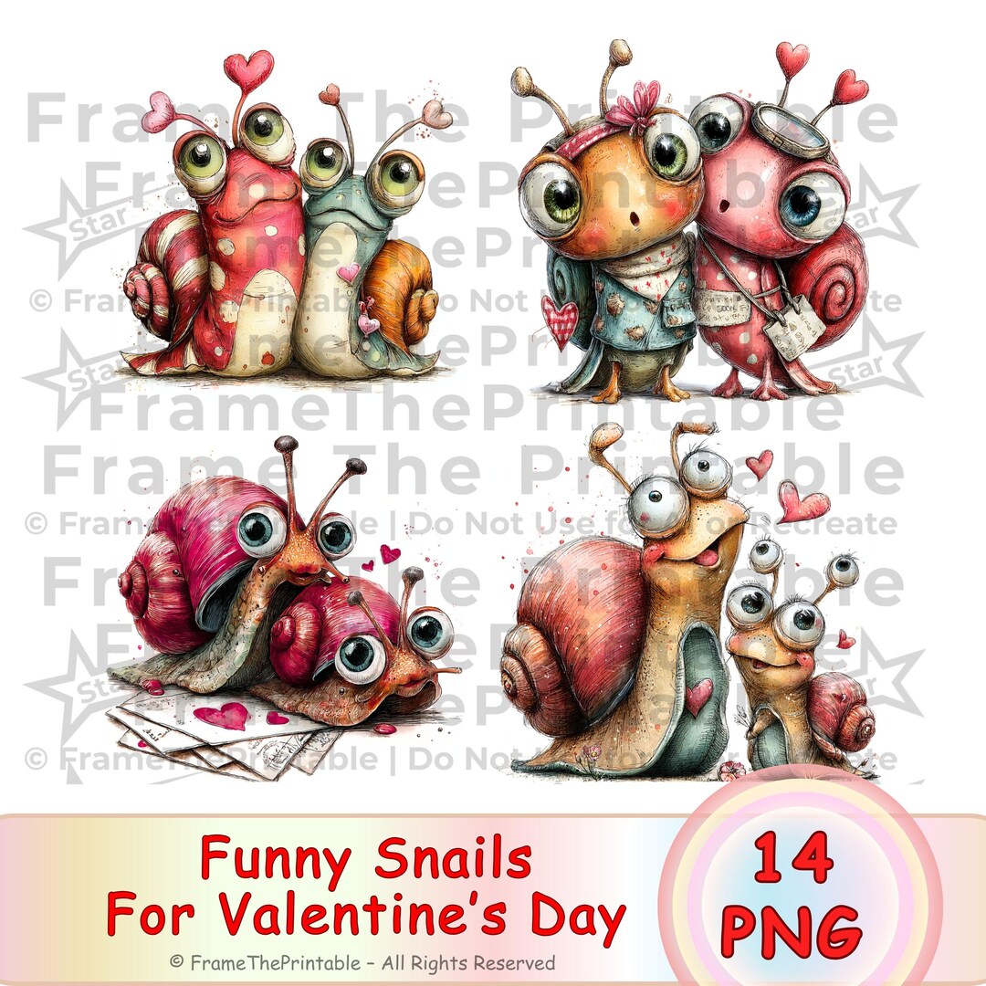 Funny Snails Valentine Clipart Cute Love Snail Illustration PNG Set for ...