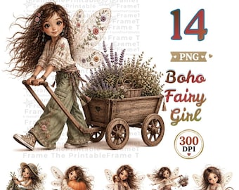 Boho Fairy Girl Clipart Bundle, Fall Woodland PNG, Beige Cottagecore Character, Whimsical Floral Download