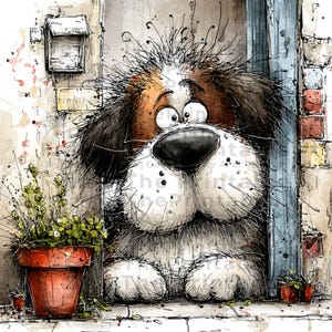 May include: Watercolor illustration of a large, fluffy dog peeking through a doorway. The dog has brown and white fur, big eyes, and a large black nose. A red flower pot with green plants sits in front of the dog. The artwork has a whimsical, cartoonish style.