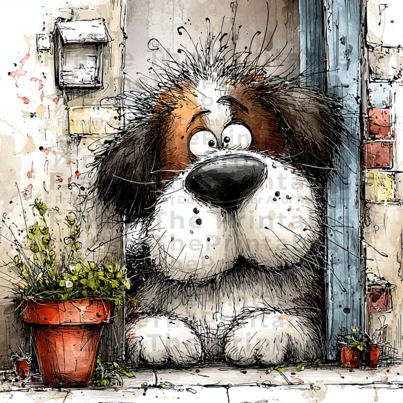 May include: Watercolor illustration of a large, fluffy dog peeking through a doorway. The dog has brown and white fur, big eyes, and a large black nose. A red flower pot with green plants sits in front of the dog. The artwork has a whimsical, cartoonish style.