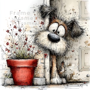 May include: Whimsical illustration of a dog peeking around a door frame. The dog has large, expressive eyes and a fluffy coat. A red terracotta pot with red flowers sits to the left. The artwork has a watercolor style with splattered paint.