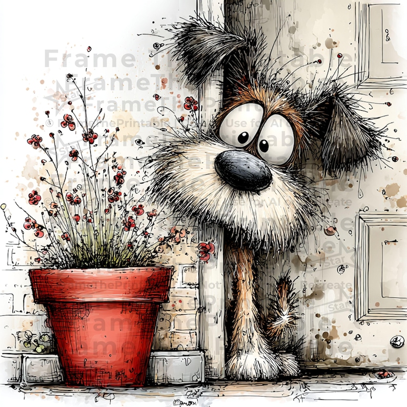 May include: Whimsical illustration of a dog peeking around a door frame. The dog has large, expressive eyes and a fluffy coat. A red terracotta pot with red flowers sits to the left. The artwork has a watercolor style with splattered paint.