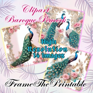 Imágenes prediseñadas de pavo real Imágenes de Scrapbooking de estilo barroco 14 Imágenes imprimibles Plantilla Decoupage Imágenes Descarga digital a granel