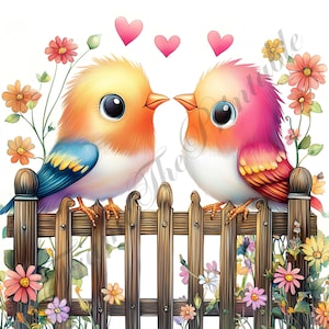 Imágenes prediseñadas de papel de pájaros en el jardín, paquete digital de imágenes prediseñadas de pareja de pájaros enamorados, imágenes de álbumes de recortes florales de animales extravagantes, creación de tarjetas