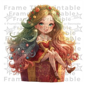 Puede incluir: Ilustración digital de una niña con largo cabello multicolor y una corona festiva. Viste un vestido rojo y está sentada sobre una caja de regalo decorada. La imagen tiene una estética caprichosa, de cuento de hadas, con colores suaves y elementos decorativos.