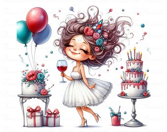 May include: A charming illustration depicting a birthday celebration. A girl in a white dress holds a wine glass, with balloons, gifts, and two decorated cakes. The cakes are decorated with flowers and candles, creating a festive scene.