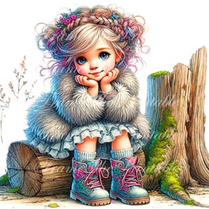 Jolie fille sur une vieille malle, 16 Images PNG Fantasy Doll ClipArt Transparent BG Utilisation commerciale et personnelle Fabrication de cartes Scrapbooking Technique mixte