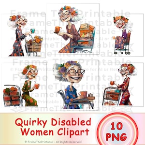 Quirky Disabled Women Clipart Set, Funny Ladies With Mobility Aids, Laughing Senior Characters, Inclusive Illustration PNG 300 DPI