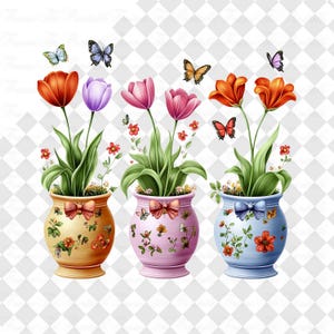 Pots of Tulips Clipart, Flowers in Row Bundle, Colourful Floral Design for Cards Invitation, Whimsical Floral Art, Digital Scrapbooking Art