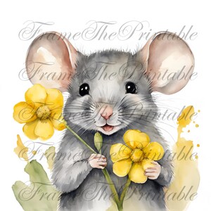 Souris avec des cliparts fleurs, souris avec des fleurs, mignon petit animal, 8 aquarelles, images fantaisistes, téléchargement numérique art, chambre d'enfant