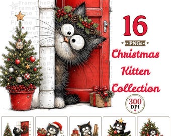 Christmas Cat Clipart, Black Cat PNGs, Holiday Kitten Illustrations, Digital Clipart Bundle for Cards, Crafts and Sublimation