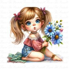 Schattige bloemen babymeisje clipart, 21 grillige peuter PNG, kinderkamer kunst 300 DPI, scrapbooking, ongewenste journaling, digitale download commerciële kunst