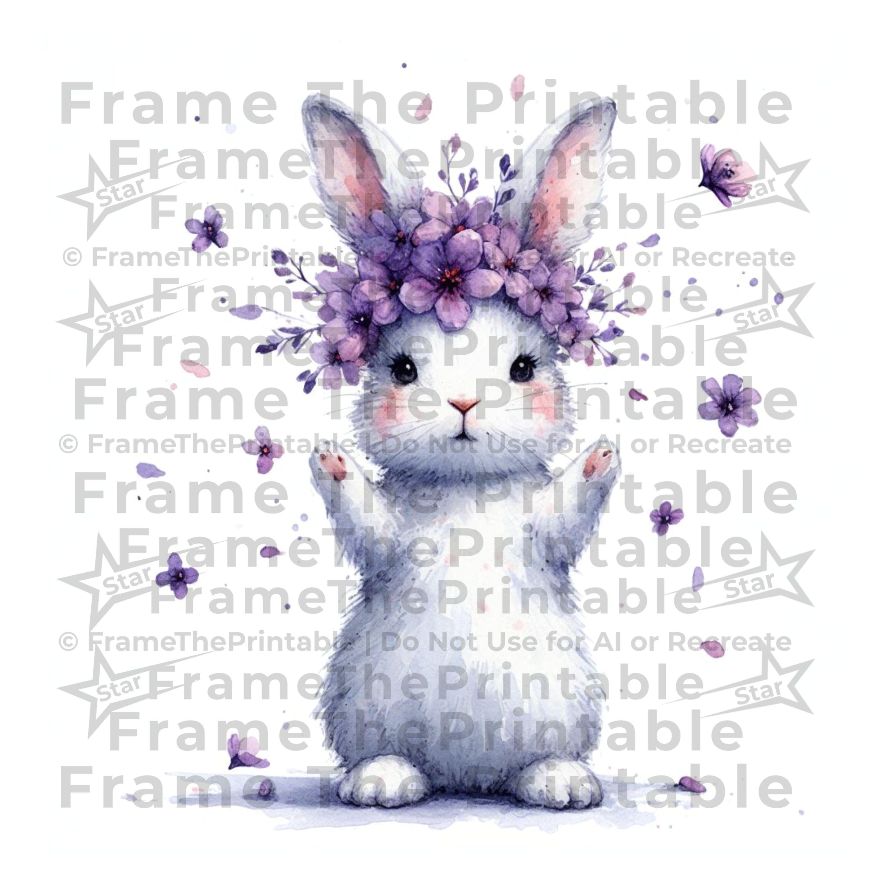 春のうさぎと紫の花の水彩画クリップアート かわいいうさぎの花のPNG