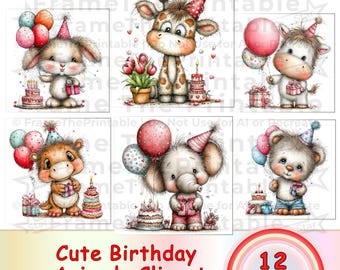 Cute Baby Animals Birthday Clipart PNG, Balloons Gifts Hats Flowers, 12 High-Resolution 300 DPI, Kids Party Illustrations Digital Download