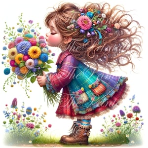 Cute Girl with Bouquet of flower Clipart Commercial Whimsical Ephemera 16 PNGs Fantasy Junk Journal Paper Craft Download Cute Doll Image Set