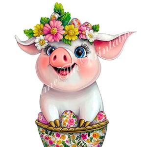 Clipart de cerdo de Pascua floral, animal con huevo y flores PNG de alta resolución, arte de granja de acuarela, ilustración de primavera para tarjeta de Pascua y arte