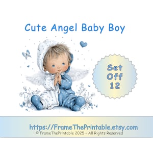 May include: A watercolour illustration of a baby angel in a blue and white outfit with wings. The text "Cute Angel Baby Boy" is above the baby. The image also includes the text "Set Off 12" and a website address.